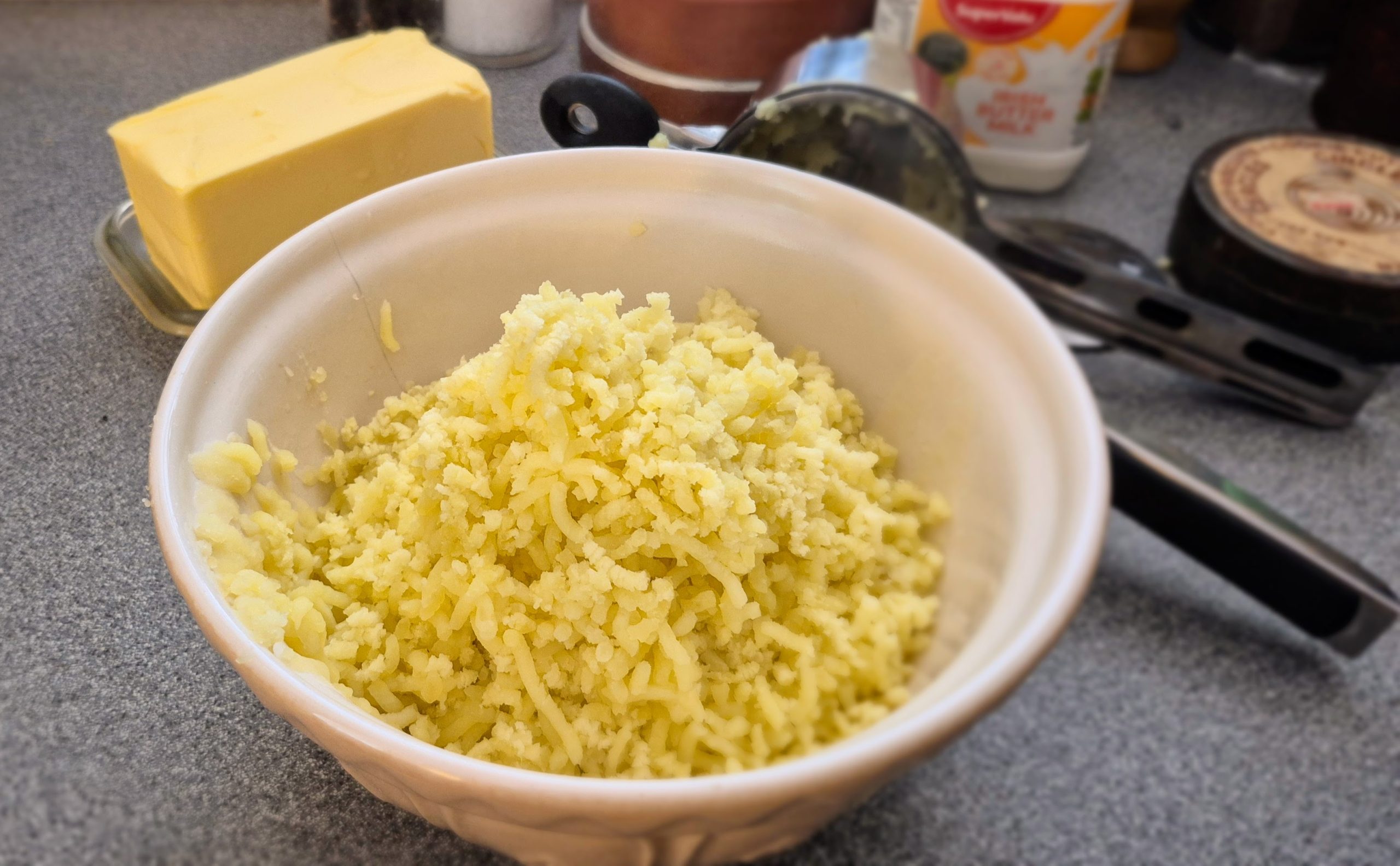 Freshly riced potatoes and the other ingredients for this scone recipe