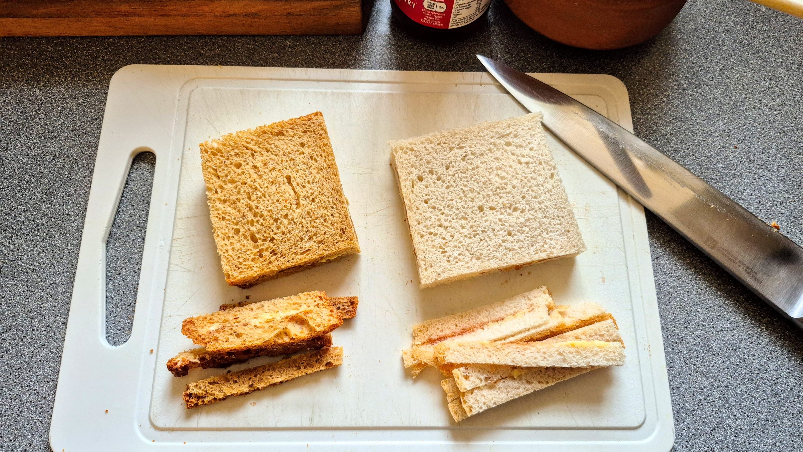 The sandwiches with their crusts trimmed off